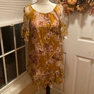 NWT ELENA BALDI Floral Silk Blend Mini Shift Dress Mustard Size XS